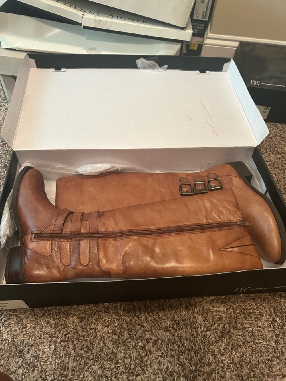 INC Tall Cognac Brown Riding Boots with Buckle Detail